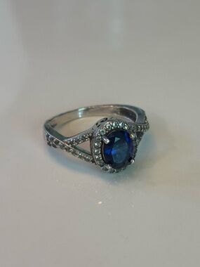 VTG SUN 925 STERLING SILVER BLUE SAPPHIRE & CRYSTAL STONES FANCY RING SIZE 6.25